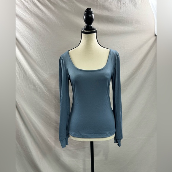 Blue Scoop Neck Rib Knit Lantern Sleeve Tee - Picture 5 of 5